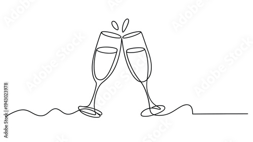 Minimalist line art depicting two champagne glasses toasting a celebration