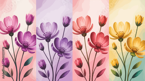 A vibrant vertically oriented composition displays colorful cosmos flowers in varying shades of pink purple and yellow high quality professional detailed modern elegant stylish clean crisp