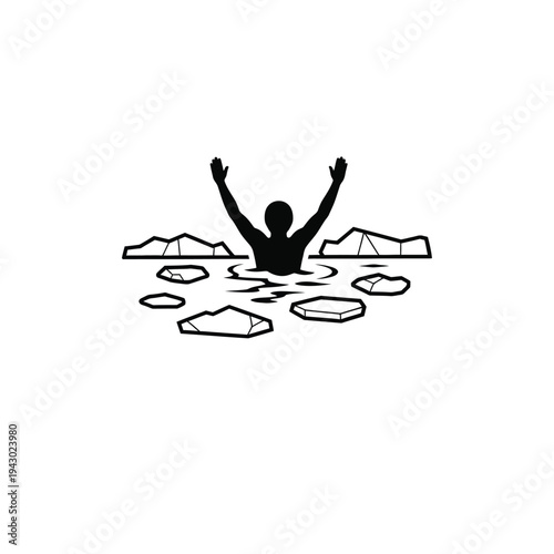 Person in Icy Water with Arms Raised.