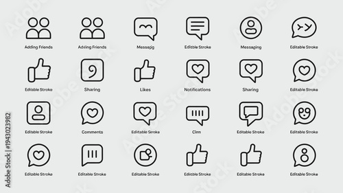 A collection of simple black and white line icons representing social media interactions and digital communication features high quality professional detailed modern elegant stylish clean crisp