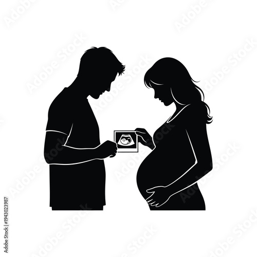 Pregnant couple looking at ultrasound image.