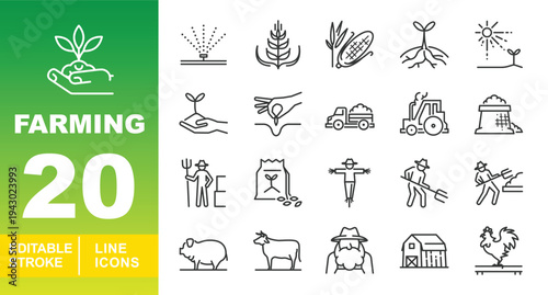Farming and Agriculture Line Icons. Editable stroke icons for cultivation and livestock. Featuring irrigation sprinklers, wheat, corn, sowing seeds, tractors, scarecrows, farmers, barns, and animal