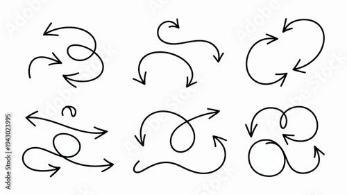 This image displays a collection of nine hand drawn black circular arrows and looping lines suggesting cycles and movement high quality professional detailed modern elegant stylish