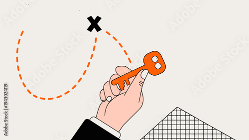 An illustration depicts a hand holding an orange key with a dotted orange line forming a question mark shape high quality professional detailed modern elegant stylish