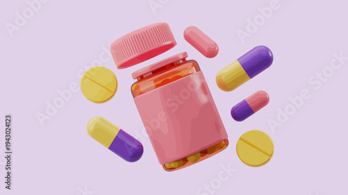 A vibrant 3d render showcases an open pink pill bottle surrounded by various colorful capsules and tablets floating in space high quality professional detailed modern elegant