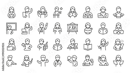 A collection of minimalist line art icons depicts diverse people engaged in various learning and teaching activities high quality professional detailed modern elegant stylish clean crisp