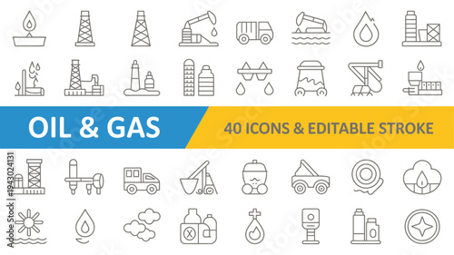 This image displays a collection of forty linear icons related to the oil and gas industry including extraction and transport high quality professional detailed modern elegant