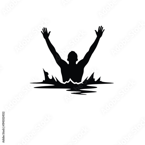 Silhouette of a person in water with arms raised.