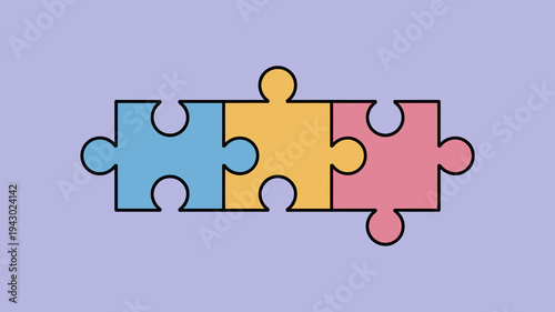 This image displays three interlocking puzzle pieces colored blue yellow and pink against a light purple background high quality professional detailed modern elegant stylish clean crisp
