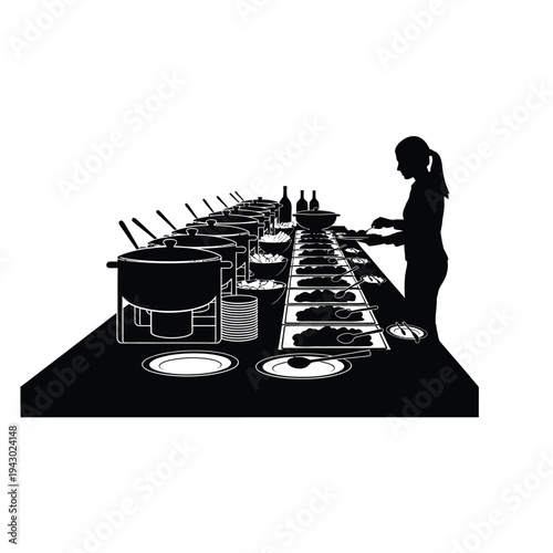 Silhouette of a woman serving herself at a buffet table with various food dishes.