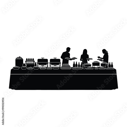 Silhouette of people serving themselves at a buffet table with various food items.