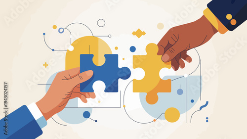 Two hands are shown connecting two puzzle pieces symbolizing collaboration problem solving and successful teamwork with a modern design high quality professional detailed elegant stylish clean