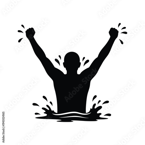 Silhouette of a triumphant swimmer emerging from water.