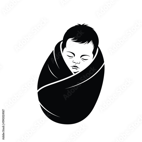 Sleeping newborn baby swaddled in blanket.