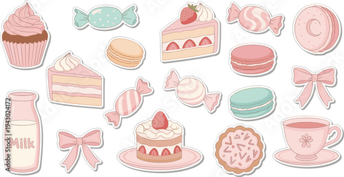 Colorful sweets and desserts in pastel colors flat lay for bakery advertising