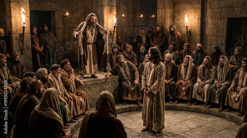 Jesus on trial, tense atmosphere, Sanhedrin convened in high priest's palace at night