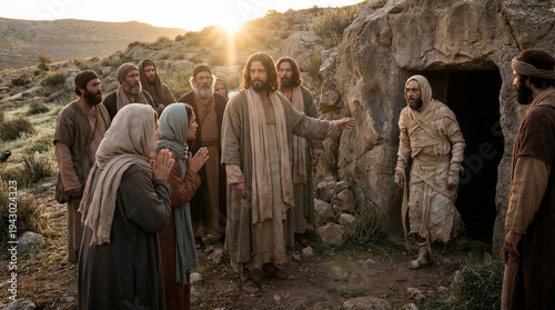Jesus raises Lazarus from the dead in a dramatic scene with followers in a natural landscape