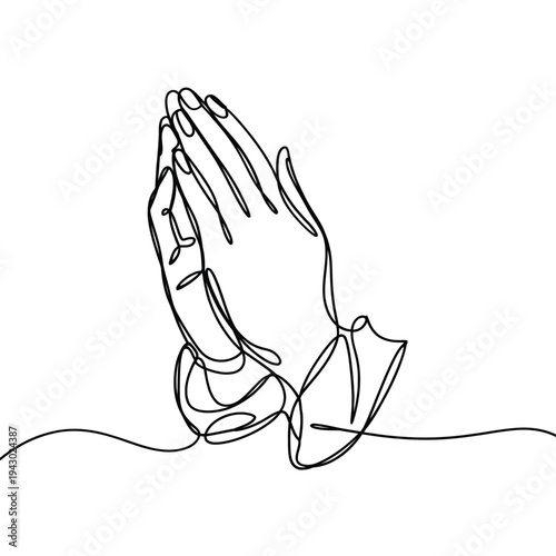 A minimalist line drawing of praying hands in a peaceful pose