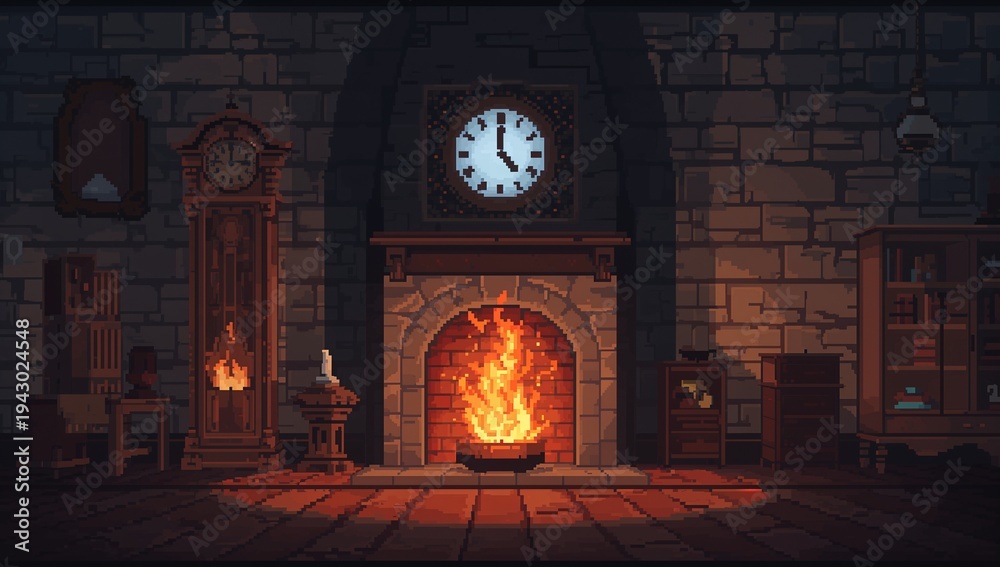 Obraz premium Glowing stone fireplace casting warm light in stone hearth room, with metal brazier and tall clock