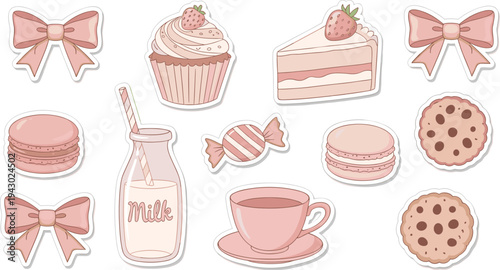Pastel pink dessert assortment with milk bottle and cup in soft colorful lighting for bakery advertising