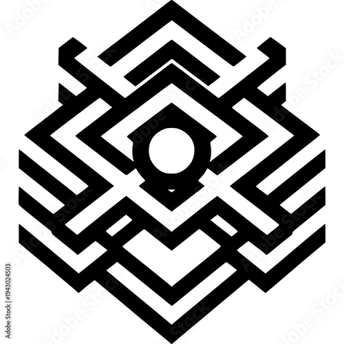 Abstract Geometric Owl Symbol: A stylized black and white geometric design, resembling an owl's face with intricate patterns and a central circular element.