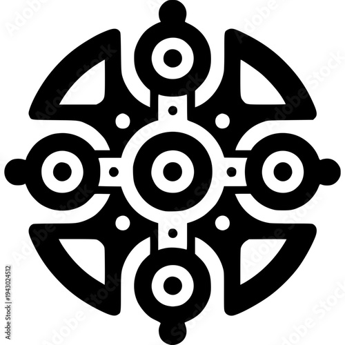 Geometric Symmetry: An intricate black and white illustration of a symmetrical design featuring circles, lines, and patterns.