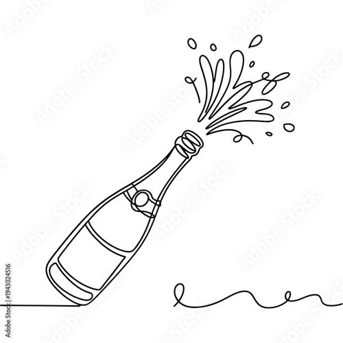 A minimalist line drawing of a champagne bottle erupting with celebration