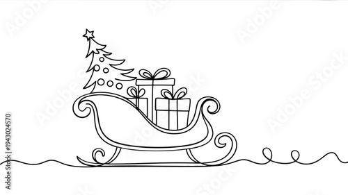 A simple line drawing of a sleigh loaded with gifts and a christmas tree