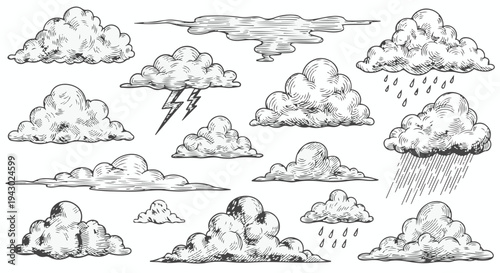 Set of Hand Drawn Clouds Sketch with Rain and Lightning Effects. Isolated Graphic Resource. isolated PNG with Transparent Background