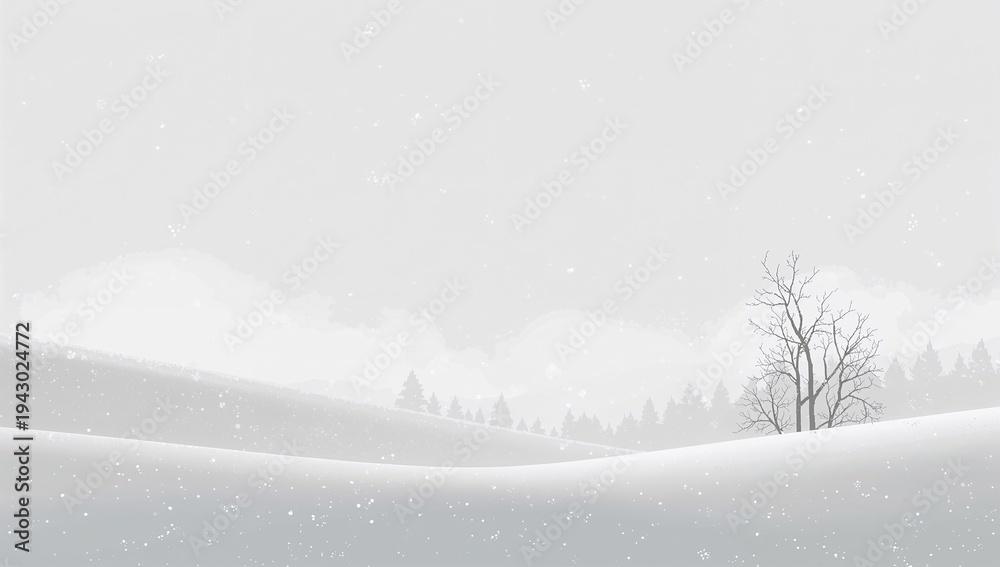 Fototapeta premium Standing leafless trees lining right slope, with drifts, pines, mist and falling snow, copy space