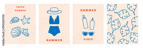 A collection of summer posters with a set of beach badges and a pattern of tropical leaves. A summer concept for a beach lifestyle