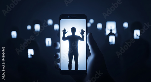 Dark silhouette of a person imprisoned inside a glowing smartphone screen representing digital captivity, internet dependence, and the mental health impact of excessive social media use.