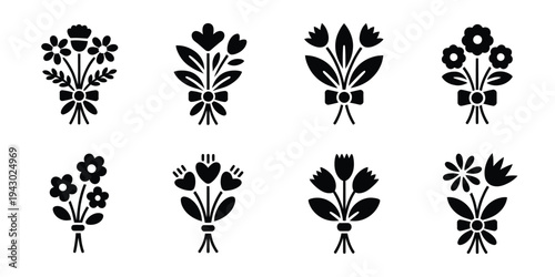 Flower bouquet Valentine’s Day icon set, silhouette style isolated on white background, romantic floral bouquet symbols for love, greeting cards, wedding, and holiday design projects.