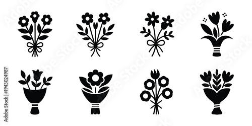 Flower bouquet silhouette icon pack, Valentine’s Day floral bouquet symbols isolated on white background for romantic celebrations, greeting cards, wedding invitations, and holiday themed design proje