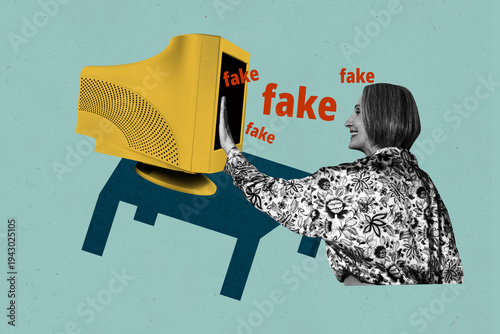 Tablou pe pânză Trendy art creative full zine photo collage of minded girl guy stand pc monitor