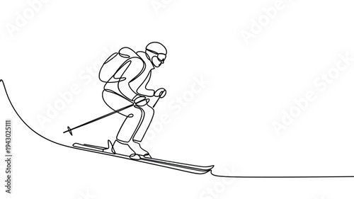 Continuous line drawing of a skier in motion down a snowy slope