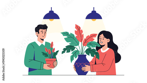 Young couple caring for house plants together in a cozy indoor setting under warm hanging lamps showcasing an eco friendly lifestyle.