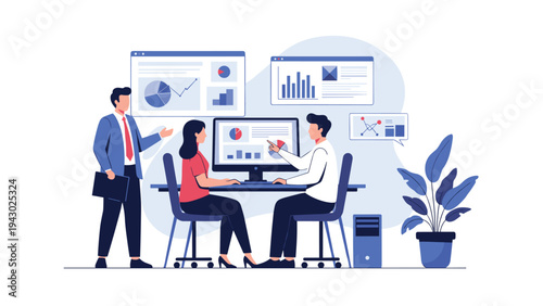 Collaborative group of business professionals working on data analytics and marketing strategy at a shared office desk with computers.