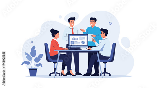 Team of diverse business people having a productive brainstorming session and analyzing statistics on a large computer screen in office.