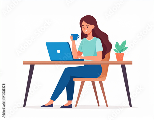 Woman Drinking Coffee While Working On Laptop At Home Desk