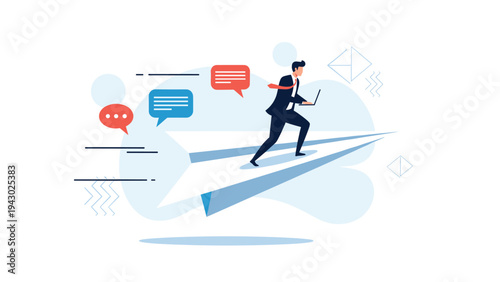 Ambitious businessman flying on a paper airplane while working on his laptop with message notifications representing fast business growth.