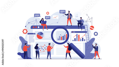 Diverse team of specialists analyzing website data and performance metrics on a large screen with a magnifying glass for optimization.