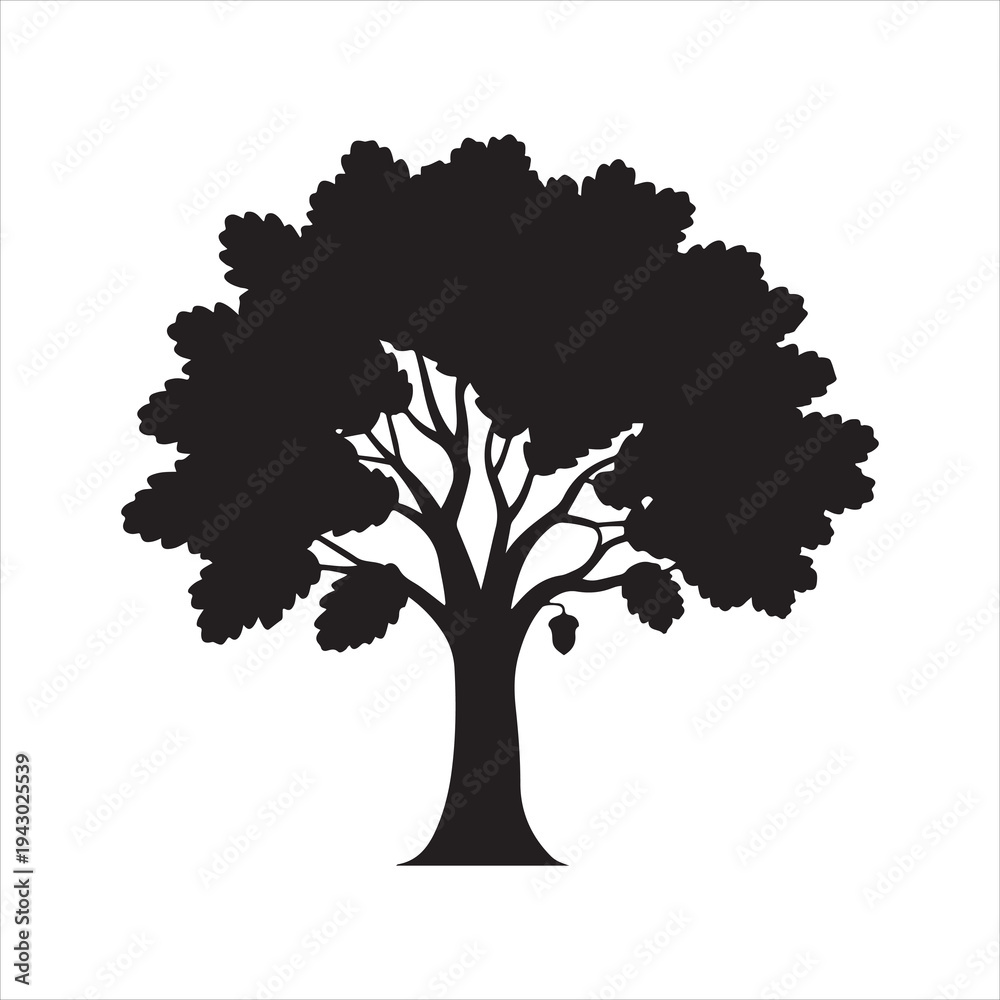 Fototapeta premium Oak tree and leaves silhouette vector art, Oak Tree Silhouette Vector Illustration