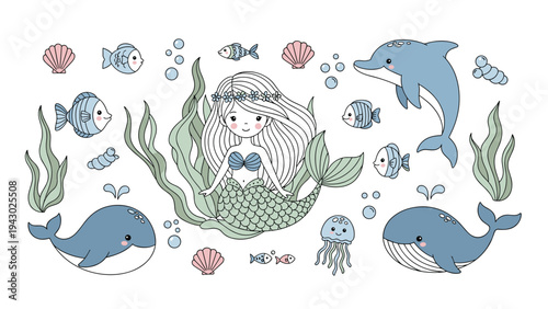 Whimsical collection of hand drawn sea creatures including a cute mermaid, whales, dolphins, and various fish in a soft color palette.