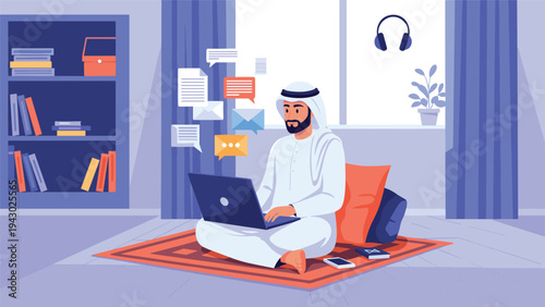 Arab businessman in traditional white thobe works on a laptop while sitting on a rug in a modern living room with digital message icons.