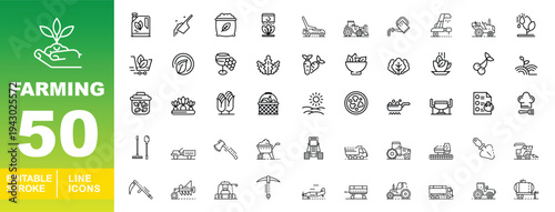 Farming and Agriculture Line Icons. Editable stroke icons for smart farming and gardening. Featuring tractors, watering cans, seeds, wheelbarrows, crops, harvesters, shovels, and agricultural machiner