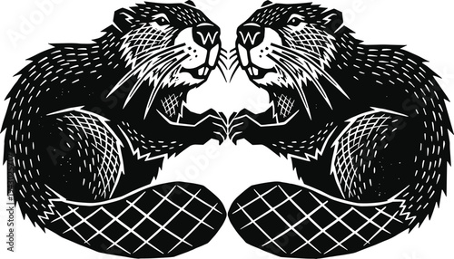 Two symmetrical beavers facing each other in a detailed woodcut style black and white artistic design perfect for nature themes, wildlife logos, and rustic decorative graphic art projects