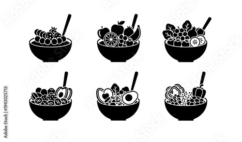 Healthy Food Bowl Silhouettes Set – Fruits and Nutritious Meal Vector Icons
