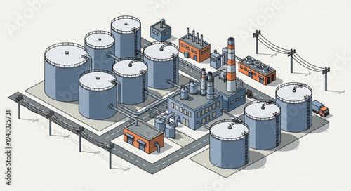Industrial Oil Refinery 3D Model Tanks.