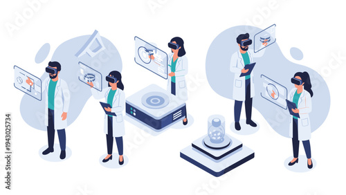 Group of scientists wearing white lab coats use advanced virtual reality headsets to interact with floating three dimensional data models.